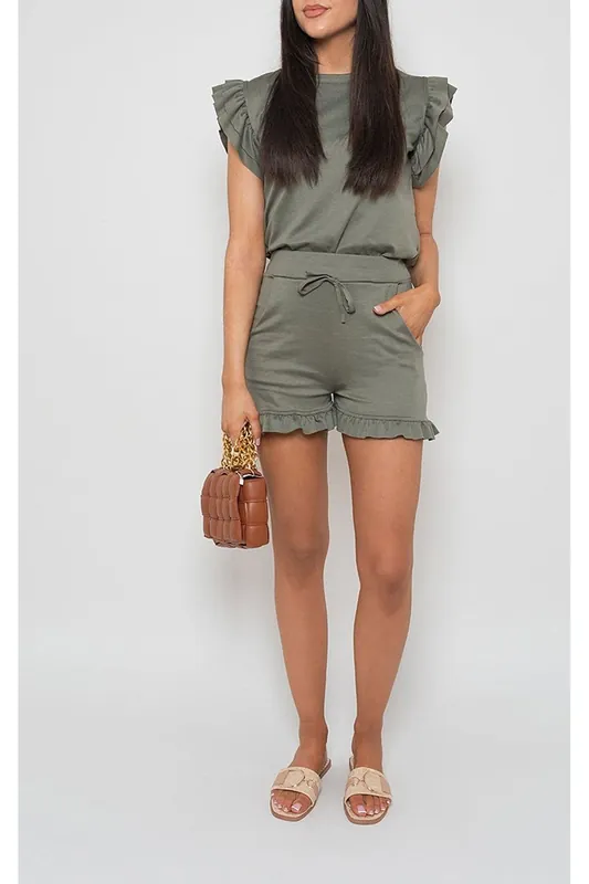 Avie Plain Frill Peplum Sleeve Top Shorts Co-ord Set