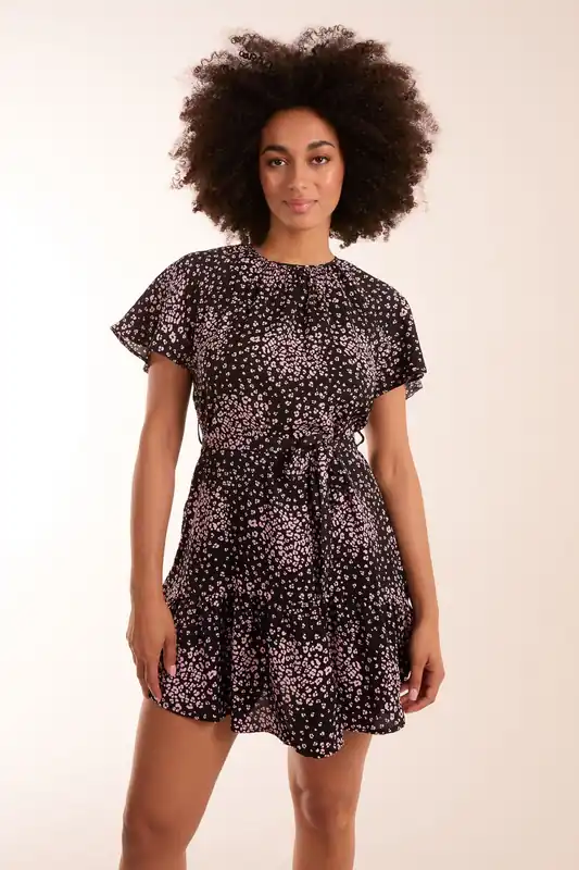 Frill Sleeve Belted Mini Dress - Blue Vanilla