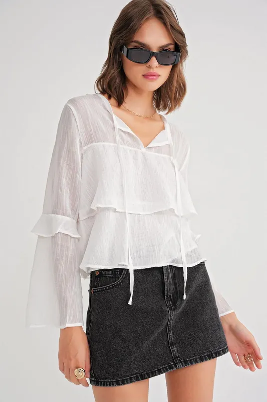 Frilly Blouse with Bow Detail - MixRay