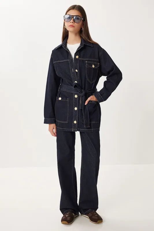 Belted Denim Jacket and Wide Leg Pants Two-Piece Set