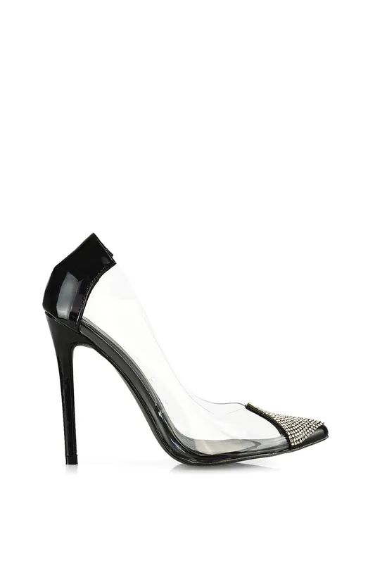 Kaz' Pointed Toe Perspex Stiletto Court Heel Shoes With Diamante Detail - XY London
