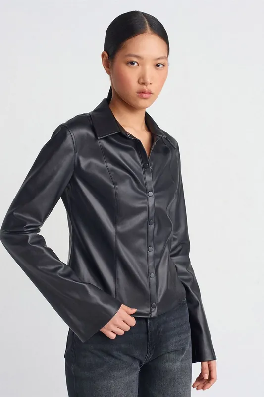 Slim Fit Faux Leather Shirt - Dilvin