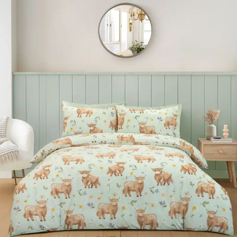 Daisy Highland Cow Floral Duvet Cover Set With Pillow Case Bedding - Portfolio Home