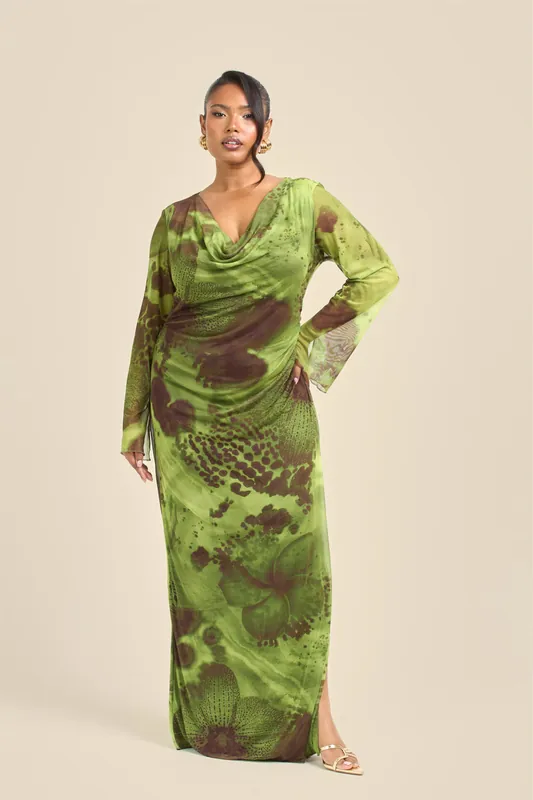 Curve Abstract Blurred Floral Cowl Neck Maxi Dress - FASHION-SZN