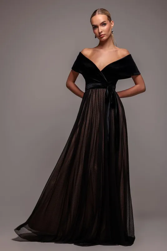 Velvet Bardot Dobby Mesh A Line Maxi Dress - Goddiva