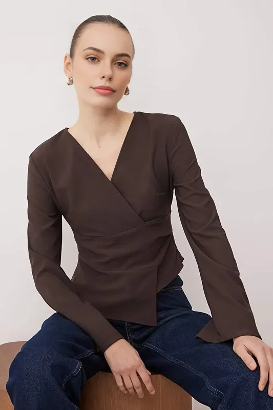 Wrap Front Long Sleeve Woven Blouse - WOVCOR