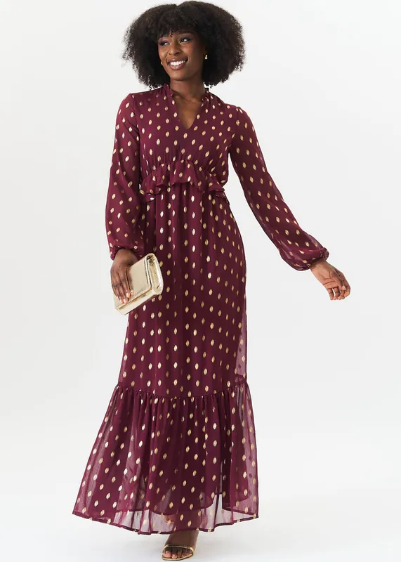 Burgandy Foil Print Ruffle Midi Dress - Gini London
