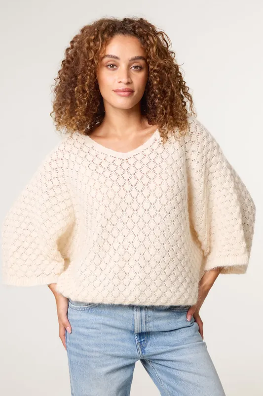 Beige Pointelle Knit Batwing Jumper - Blue Vanilla