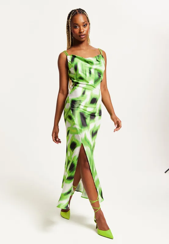 Green and Black Abstract Print Cowl Neck Midi Dress - Liquorish