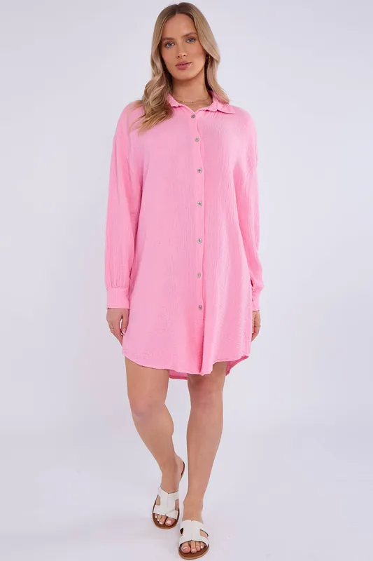 Pink Cotton Textured Oversized Long Shirt - Gini London