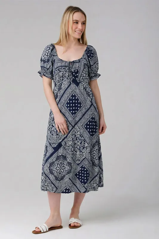 Bohemian-Print Short Puff Sleeve Milkmaid Midi Dress