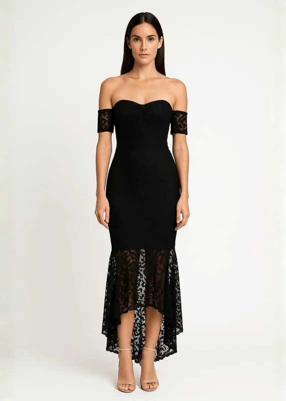 Black Fishtail Style Hem Off Shoulder Slim Fit Lace Midi Dress - AVINCI