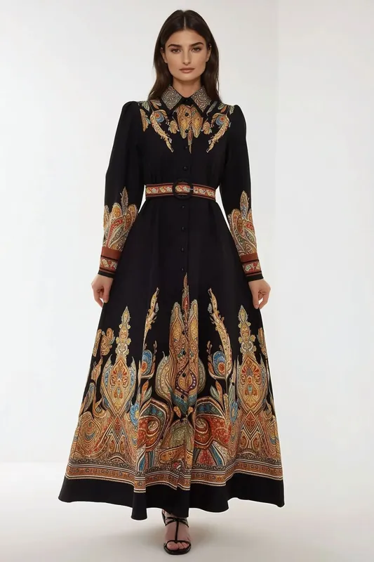 Printed Long Sleeve Maxi Dress with Belt - Hiccup