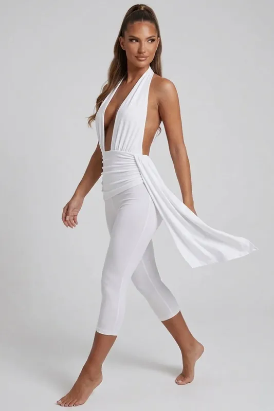 Plunge Halter Neck Ruched Drape Jumpsuit - STYLEWISE