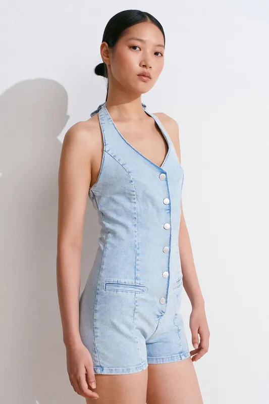 Slim Fit Denim Halter Jumpsuit - Dilvin