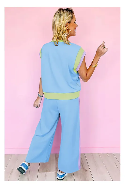 Sky Blue Color Block Detail Casual Two-piece Outfit