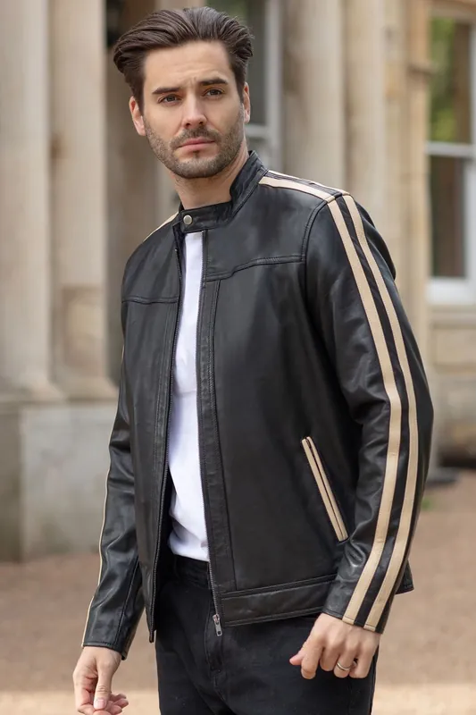 Milano Vero' Real Leather Biker Jacket With Cream Contrast Stripes - Ashwood Leather