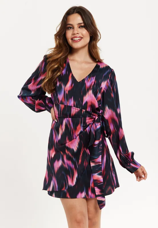 Abstract Print Mini Wrap Dress In Black - Liquorish