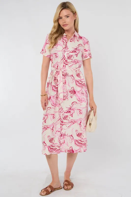 Pink Swirl Print Short Sleeve Midi Shirt Dress - Love Sunshine