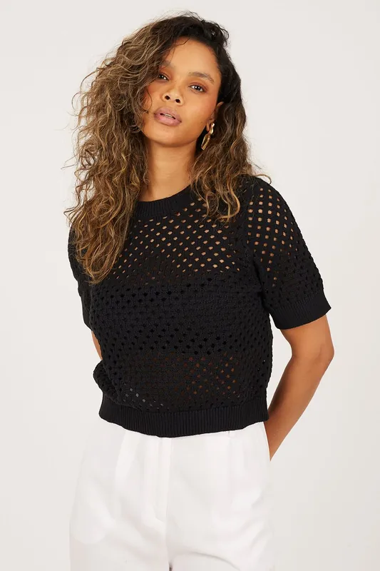 Crew Neck Open Mesh Knit T-Shirt