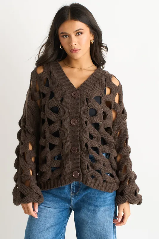 Chocolate Hollow Chunky Knit Cardigan - Gini London