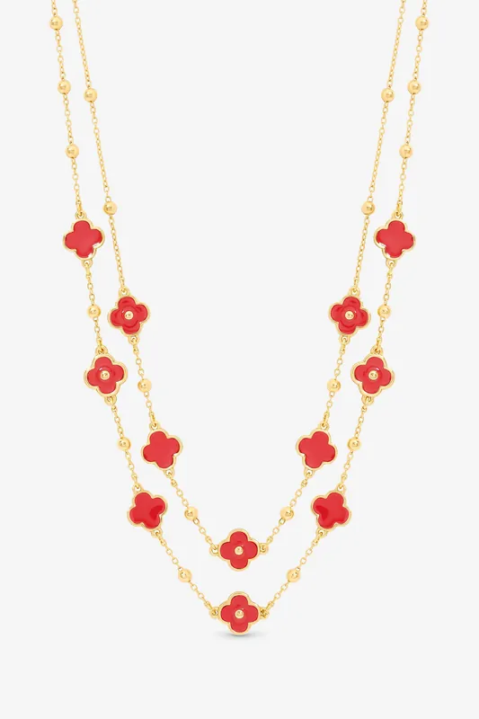 Gold Plated and Coral Clover Double Row Necklace - Mood
