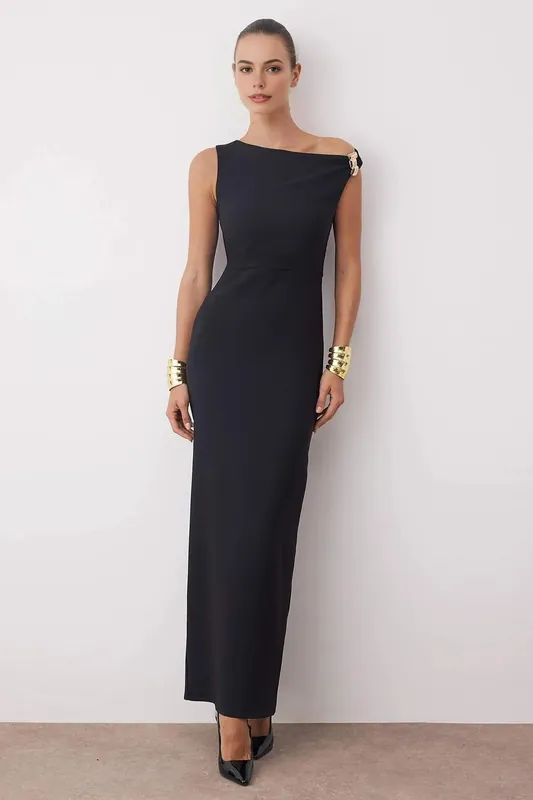One Shoulder Buckle Detail Split Maxi Dress - WOVCOR