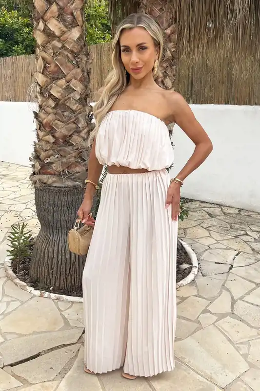 Stone Pleated Puff Ball Top And Palazzo Trousers Co-ord