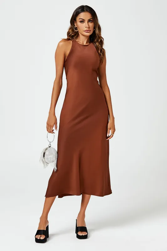 Slim-Fit Satin Midi Dress In Brown