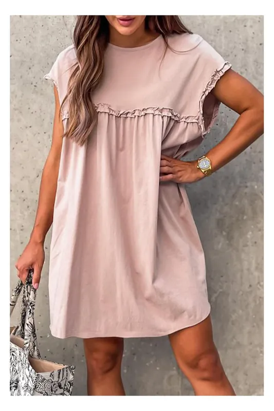 Oatmeal Frilled Trim Crew Neck Loose Fit Mini Dress - Everyday The Label