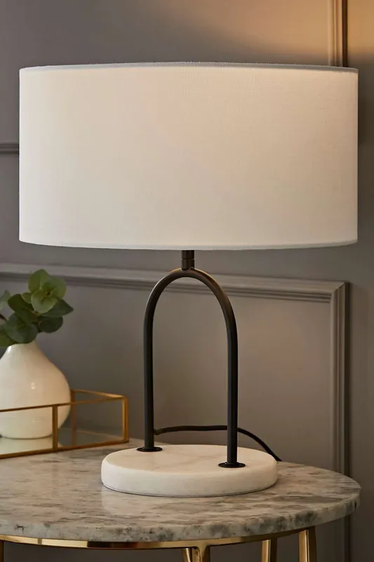 Rachel Black Arch Marble Base Table Lamp with White Linen Lamp Shade - ValueLights