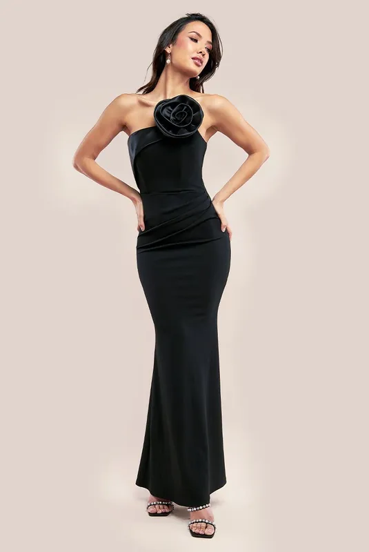 Satin Corsage Scuba Crepe Maxi Dress - Goddiva