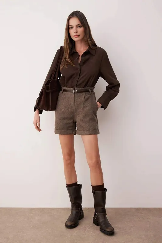 High Waist Belted Cashmere Blend Tailored Shorts - WOVCOR