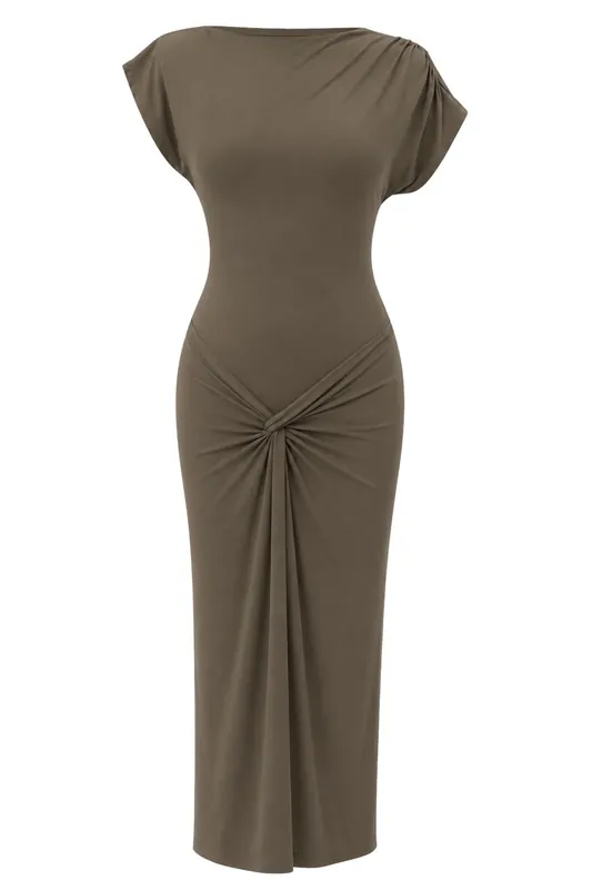 Bodycon Maxi Knit Dress with Boat Neck - MixRay