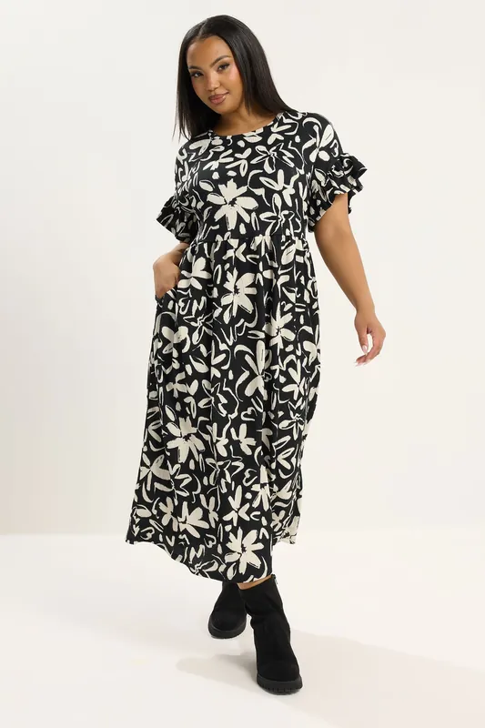Floral Frill Sleeve Dress - Yours