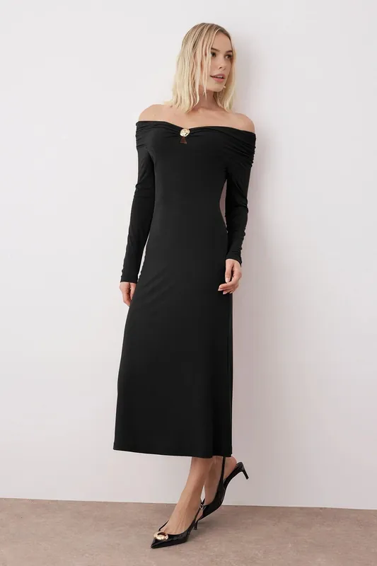 Off Shoulder Bodycon Maxi Knit Dress with Decorative Accessory Detail - WOVCOR