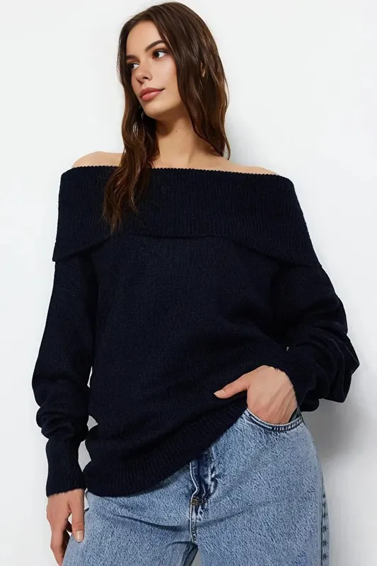 Off Shoulder Ribbed Knit Jumper with Folded Neck Detail - WOVCOR