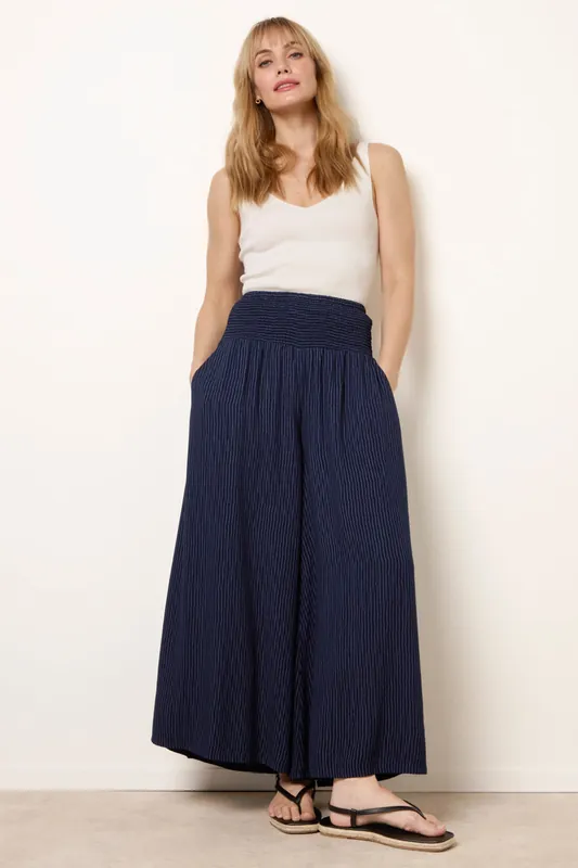 Navy Wide Leg Shirred Waist Wavy Trousers - Blue Vanilla