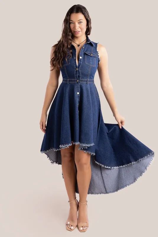 Denim Sleeveless High And Low Midaxi Dress - Goddiva