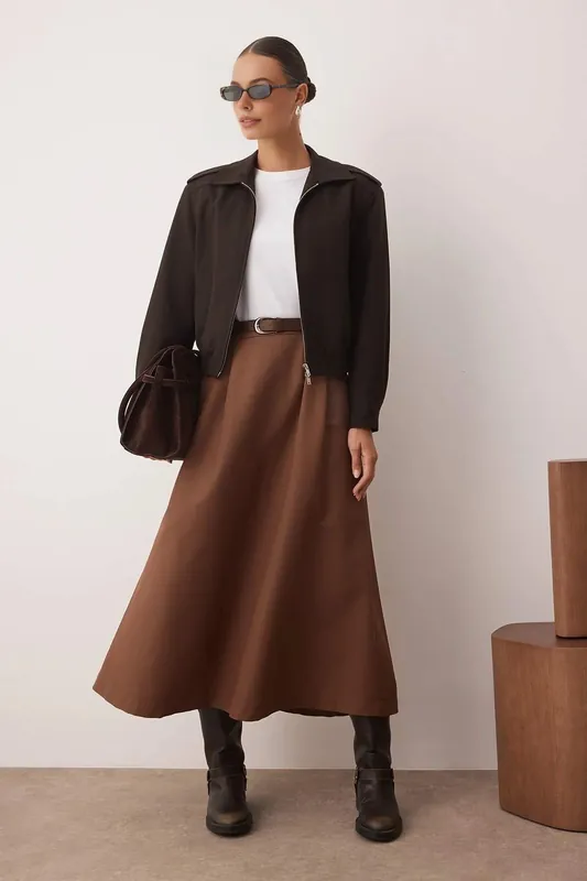 Unlined Woven Midi Skirt with Belt Detail and Fluid Silhouette - WOVCOR