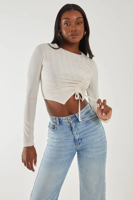 Long Sleeve Ruched Asymmetric Top - Pink Vanilla