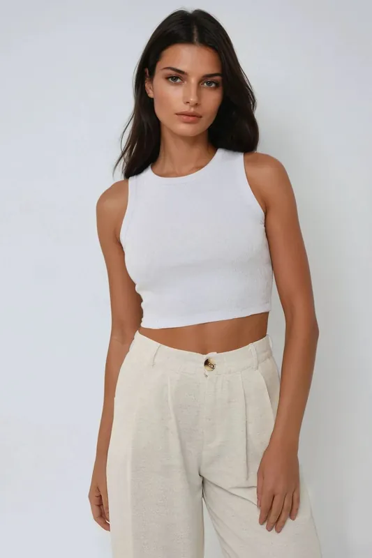 Crew Neck Ribbed Knit Sleeveless Crop Top - Hiccup