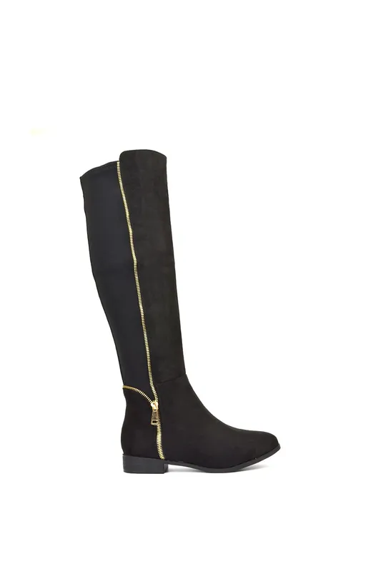 Sutton' Zip Up Flat Heel Knee High Boots With Stretchy Calf - XY London