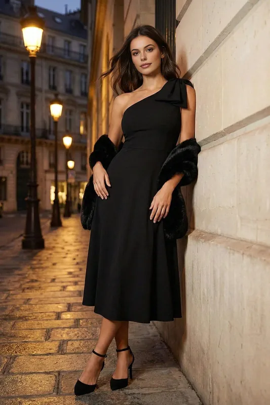 One Shoulder Bow Detail Midi Dress - WOVCOR