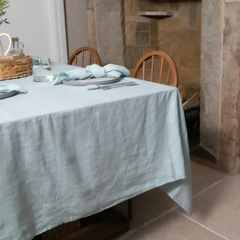 Aqua Blue Pure Linen Tablecloth - Native Natural