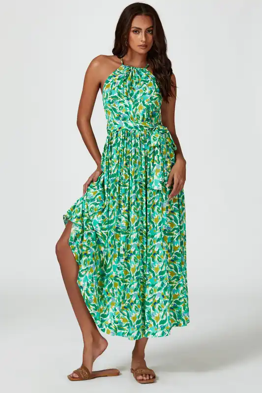 Abstract Print Tie Halterneck Maxi Dress In Green - FS Collection