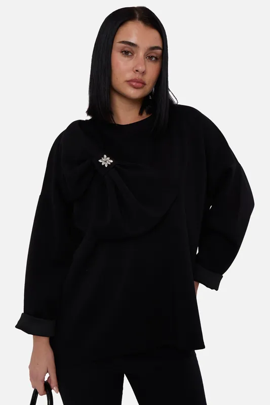Black Side Contrast Bow Oversized Jumper Top - Gini London
