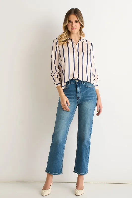 Navy Stripe loose Fit Shirt - Gini London