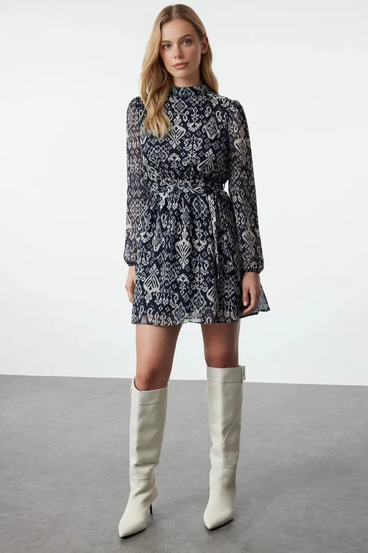 Chiffon Mini Woven Dress with Belted Flounce Skirt - WOVCOR