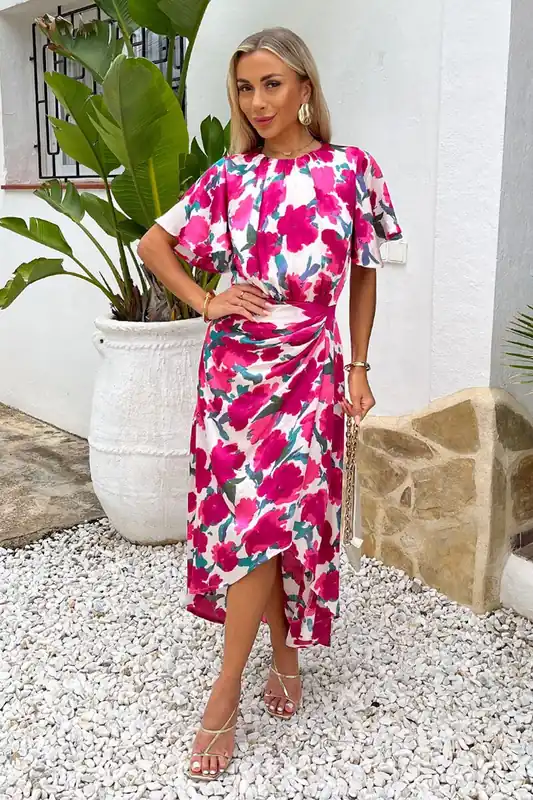 Multi Floral Print Butterfly Sleeve Gathered Side Midi Dress - AX Paris
